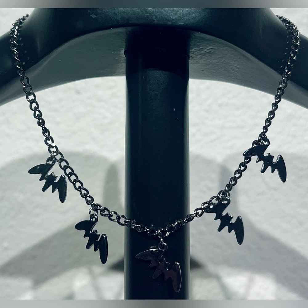 Black Chain Choker Necklace with Dangling Bat Charms